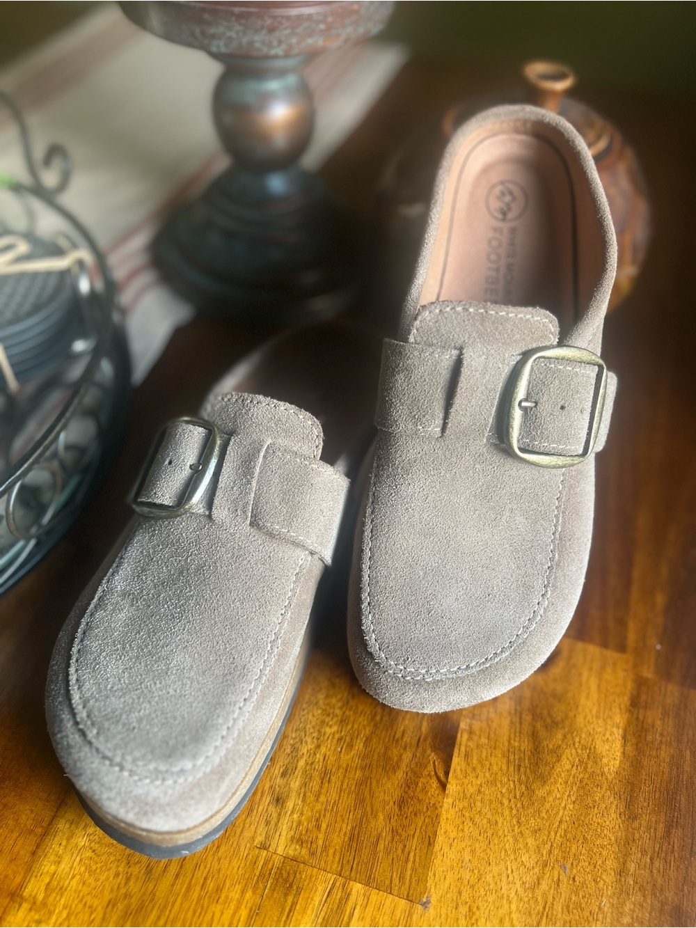 White Mountain Footbeds Suede Leather Buckle Loafers in Taupe